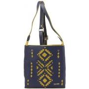 Sac à main Texier Sac plat fabrication France - Cuir Bleu motif ethniq...