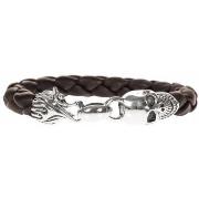 Bracelets Orusbijoux Bracelet Homme Cuir Tête De Mort Marron Et Argent